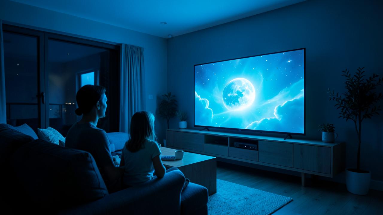 Familj som ser på IPTV Nordisk hemma i vardagsrummet